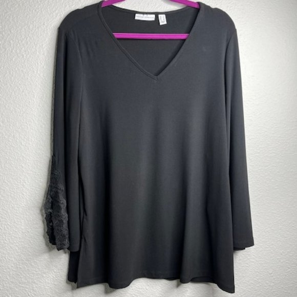 Susan Graver Liquid Knit Black Feminine Lace Sleeve Tunic Large - Picture 1 of 8
